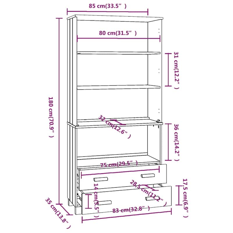 vidaXL Drawer Cabinet Bookshelf with Storage Shelves HAMAR Solid Wood Pine - 33.5" x 13.8" x 70.9"