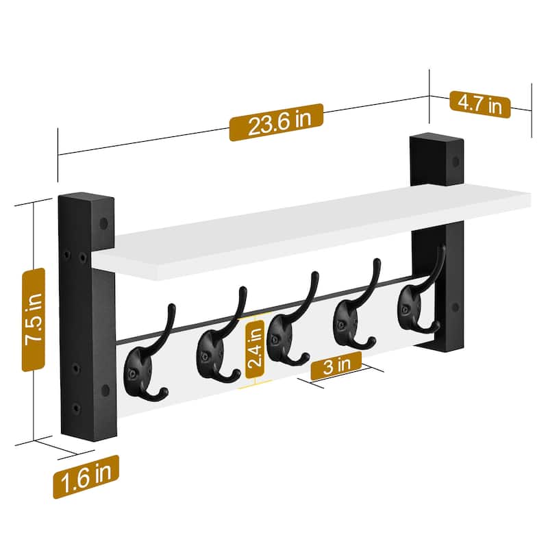 Sorbus Coat Hooks Wall Mount Floating Shelf with 5 Heavy Duty Hooks, Large and Extra Large