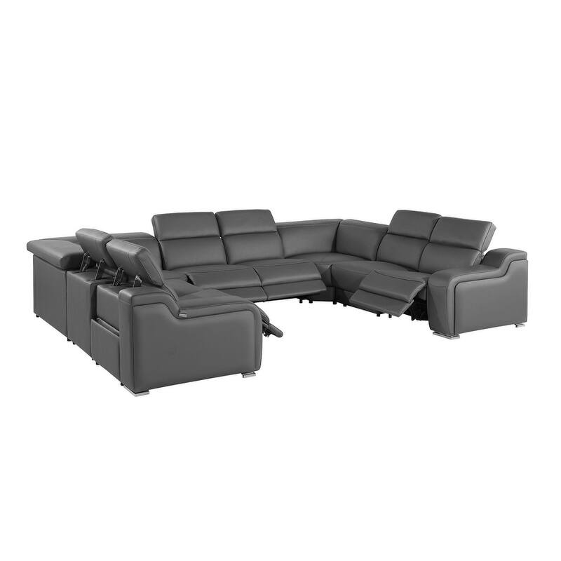 HomeRoots Black Italian Leather Power Reclining U Shaped Eight Piece Corner Sectional With Console