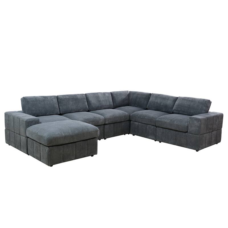 Oversized Corduroy 7 - Piece Corner Sectional Sofa Couch with Ottoman for Living Room Sofa Set