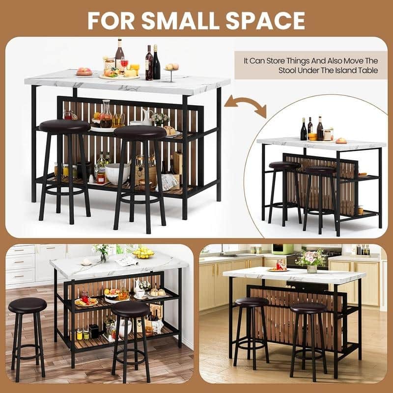 Grondin Mid-Century Modern 3-Piece Faux Marble Top Kitchen Island Set with 2 Stools and Shelves
