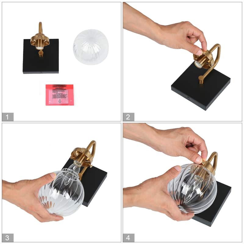Modern Glam 1-Light Black Gold Wall Sconce Bathroom Vanity Lights with Clear Ribbed Glass Globe Shade - L 4.7" x W 7" x H 7.5"