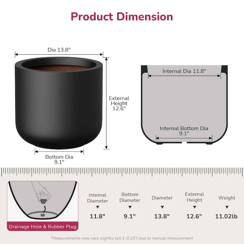 Concrete Round Planter with Enhanced Interior Outdoor Indoor Pot with Drainage Holes