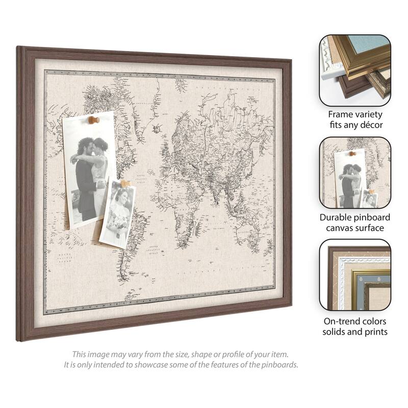Kate and Laurel Framed Fabric Pinboard Vintage Black and White Linen World Map Wall Organization