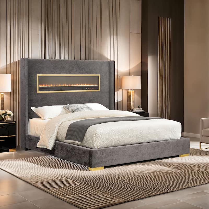 Furniture of America Stephanie Modern Boucle Bed with 3D Fireplace Simulator and Bluetooth Audio - Grey - Queen