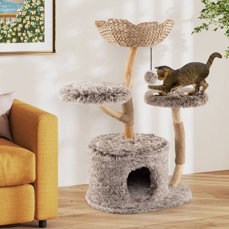 Grey 4-Tier Cat Activity Center with Plush Perch and Condo Hideout and Jute Scratching Posts - 23.5" x 41.5"
