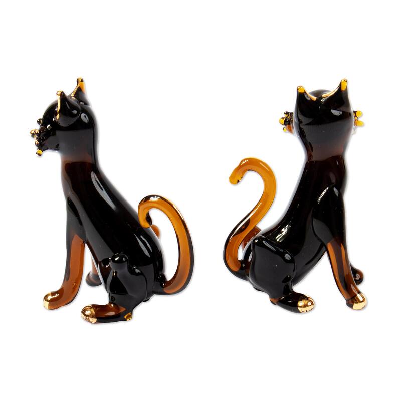Novica Handmade Magical Felines Gilded Glass Figurines