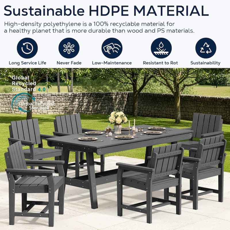 7-Piece HDPE Outdoor & Indoor Dining Set, Rectangular 67.91in W Table with Umbrella Hole and 6 Chairs Set of 7, Wood-Look Finish