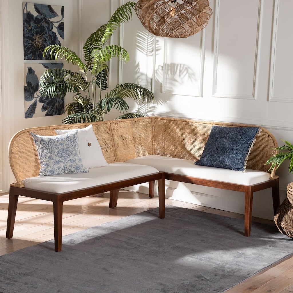 Okinawa 2-Piece Corner Bench Set - L-Shaped Dining Nook Seating with Acacia Wood Base and Natural Rattan, Boho Coastal Set