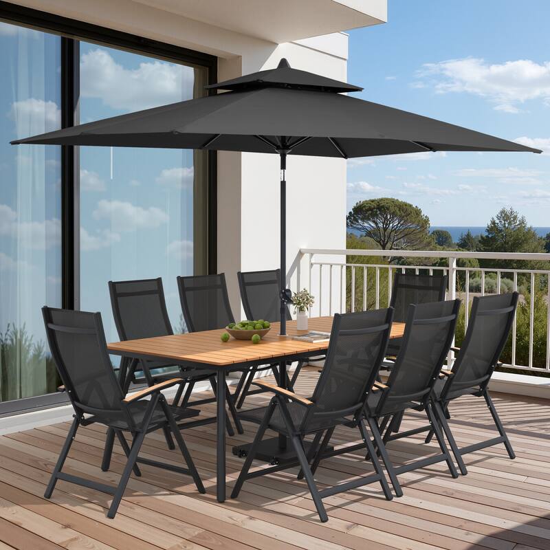 9/11-Piece Outdoor Patio Dining Set Aluminum Dining Table and Folding Chairs w/10 ft Umbrella and Base - Set of 11 - Brown Table with Black Umbrella