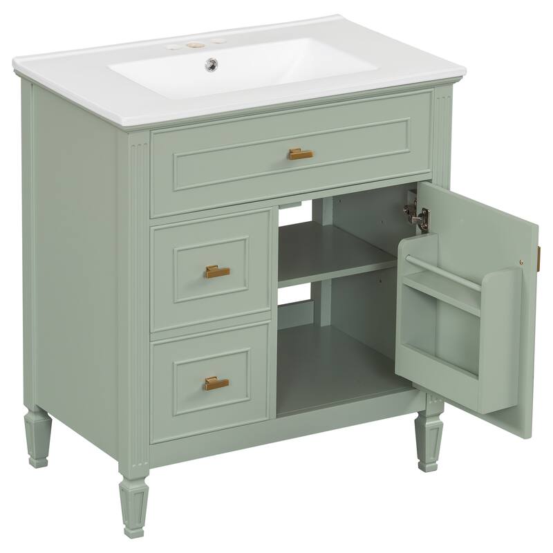Roomfitters 30" Bathroom Vanity with Ceramic Sink, Solid Wood Frame with Flip Drawer, 2 Side Drawers & Adjustable Shelf