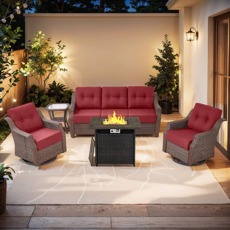 Outdoor Furniture Set with Propane Gas Fire Pit Table - Brown Wicker & Red Cushion - 5-Piece Sofa Chair with Square Fire Table
