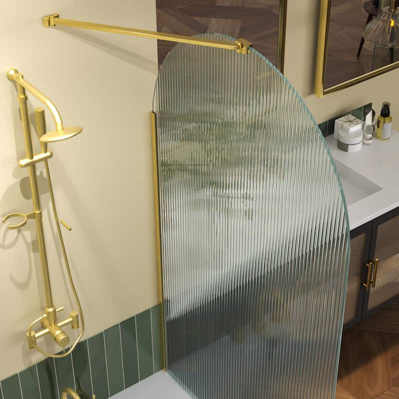 33''x 58'' Bathtub 8mmTempered Glass Frameless Shower Door, Fixed Glass Half Panel in Black/Gold