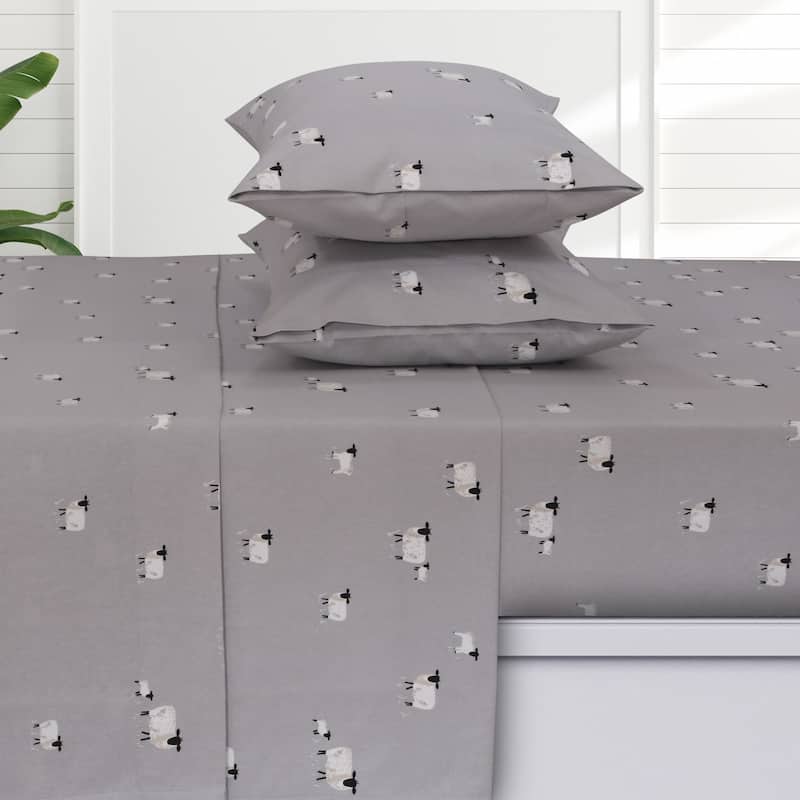 Azores Home 170-GSM Cotton Flannel Printed or Solid Extra Deep Pocket Sheet Set - Cal King - Sheep