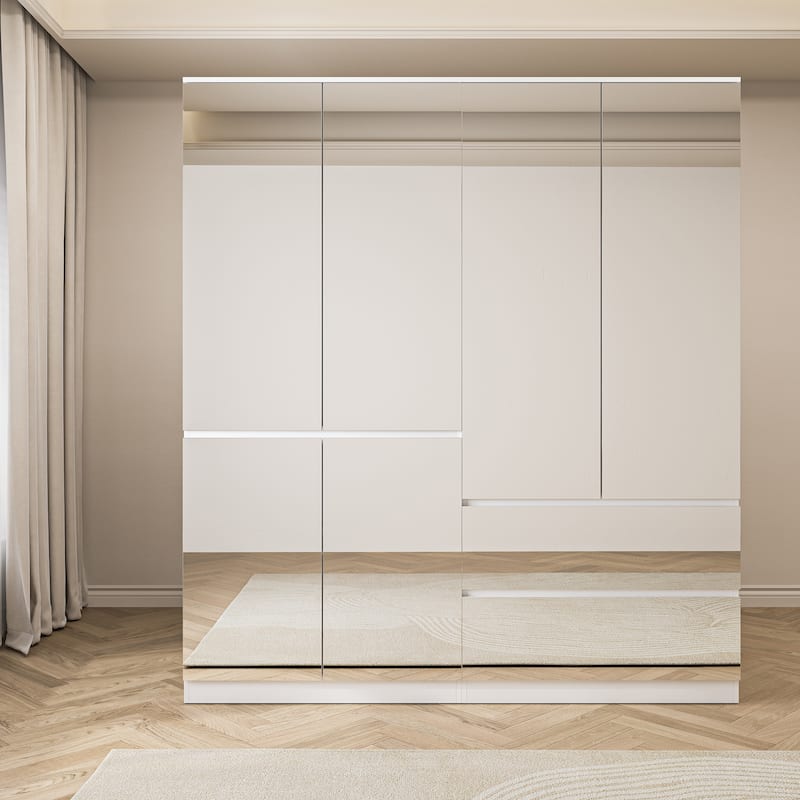 Modern Mirrored Wardrobe Armoire with Hanging Rod White Bedroom Storage Cabinet, Freestanding Closet Organizer