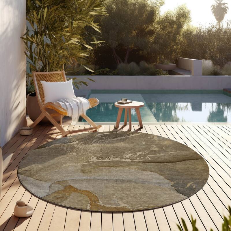 Machine Washable Indoor/ Outdoor Abstract Marble Chantille Rug - Brown - 8' x 8'