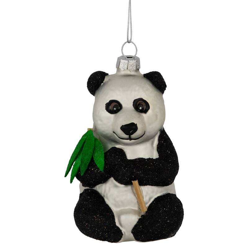 Glittered Panda Bear Glass Christmas Hanging Ornament - 4" - Black and White