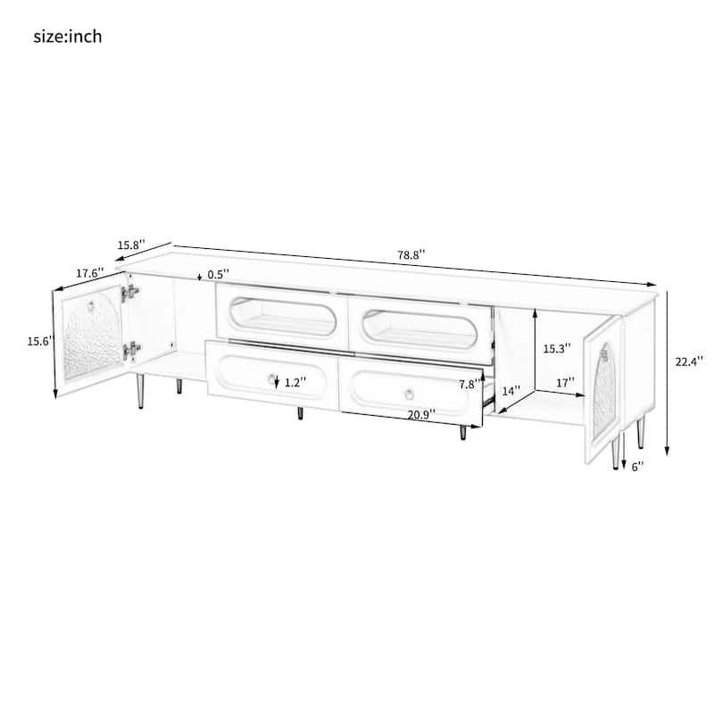 78.8" Retro TV Stand, Entertainment Center Media Console Cabinet with Six Metal Legs, 2 Cabinets, 4 Drawers