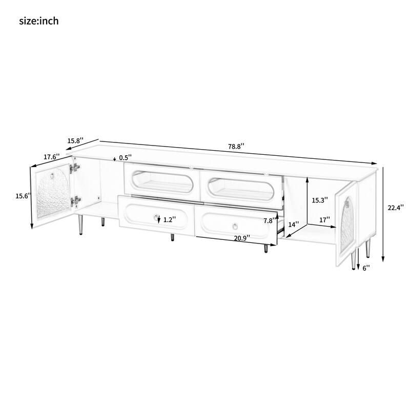78.8'' Retro TV Stand for TVs up to 85'', Modern Media Console with 2 Cabinets, 4 Drawers, Glass Doors & Metal Legs