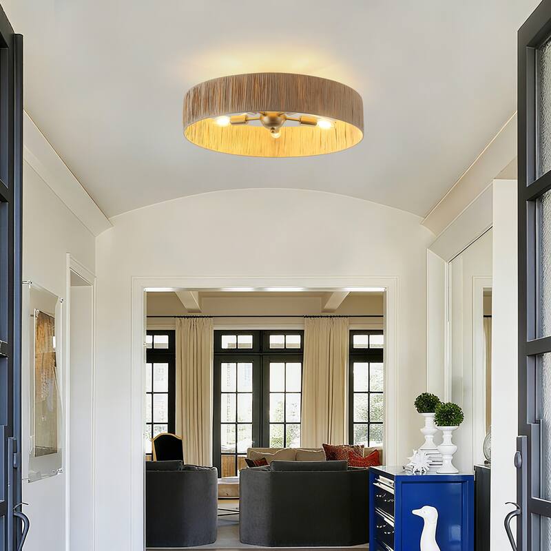 5-Light Natural Raffia Semi Flush Mount Ceiling Light- Farmhouse Rustic - 21.65"x21.65"x7.2"