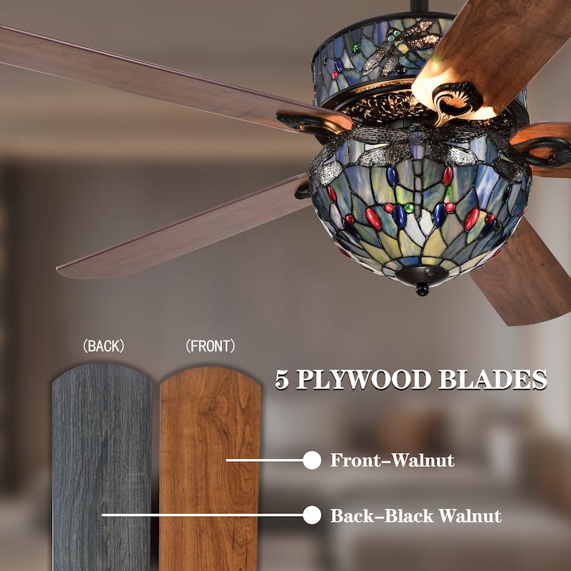 Barkol 5-Blade Lighted Ceiling Fan 2-Tier Tiffany Style Glass