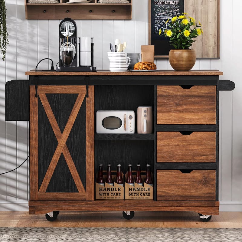 55.5" Farmhouse Kitchen Island with Drop Leaf, Barn Door Storage, Power Outlet