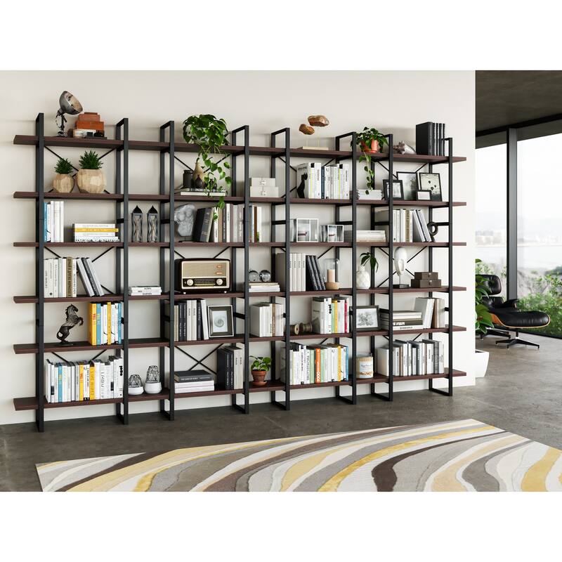 Mylotus-Home Dark Walnut Color 6 Tiers Display and Storage Bookcase - 85" H x 142" W x 12.6" D - JD Walnut - 85" H x 142" W x 12.6" D