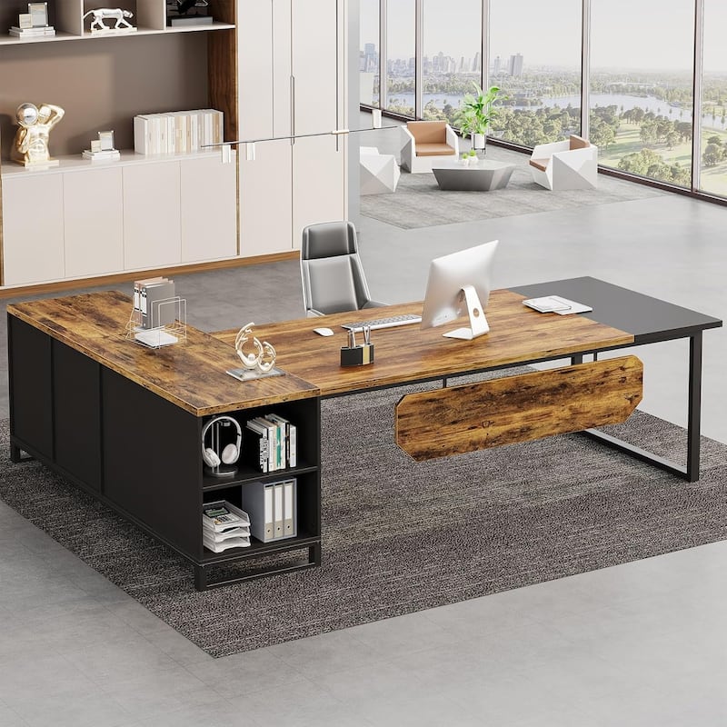 70.8" L-Shaped Executive Desk with 55" File Cabinet, Large Industrial with Storage, Rustic Brown & Black