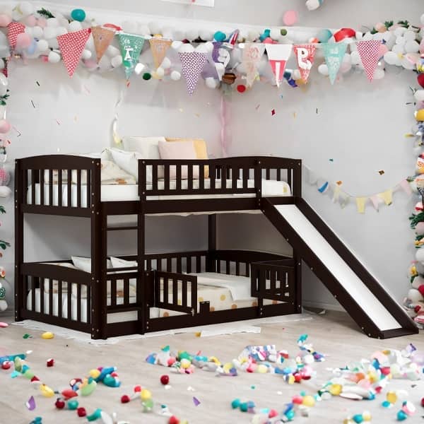 slide 2 of 50, Full Over Full Low Bunk Bed with Fence and Ladder for Toddler Kids Teens Espresso