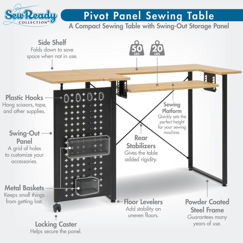 Sew Ready Pivot Sewing Table with Folding Top Adjustable Platform and Storage Peg Panel