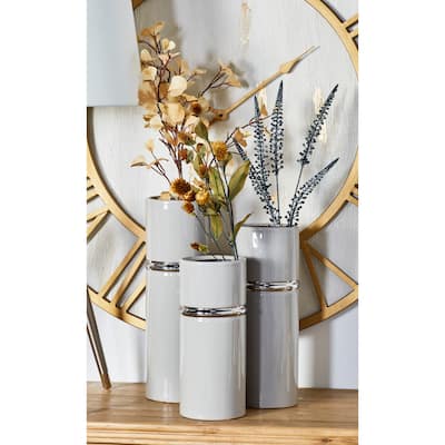 White, Blue or Gray Ceramic Vase with Gold Accents (Set of 3)