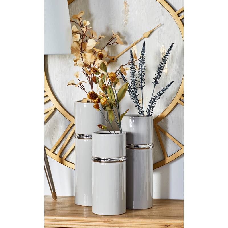 White Ceramic Decorative Vase with Gold Accents (Set of 3)