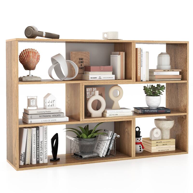 Modular Bookcase with 6 Open Shelves and Natural Wood Grain Display Shelf for Living Room - 52" x 12" x 33"