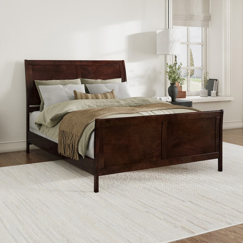 Valencia Solid Wood Low Profile Sleigh Platform Bed with Matching Footboard - Walnut - Queen