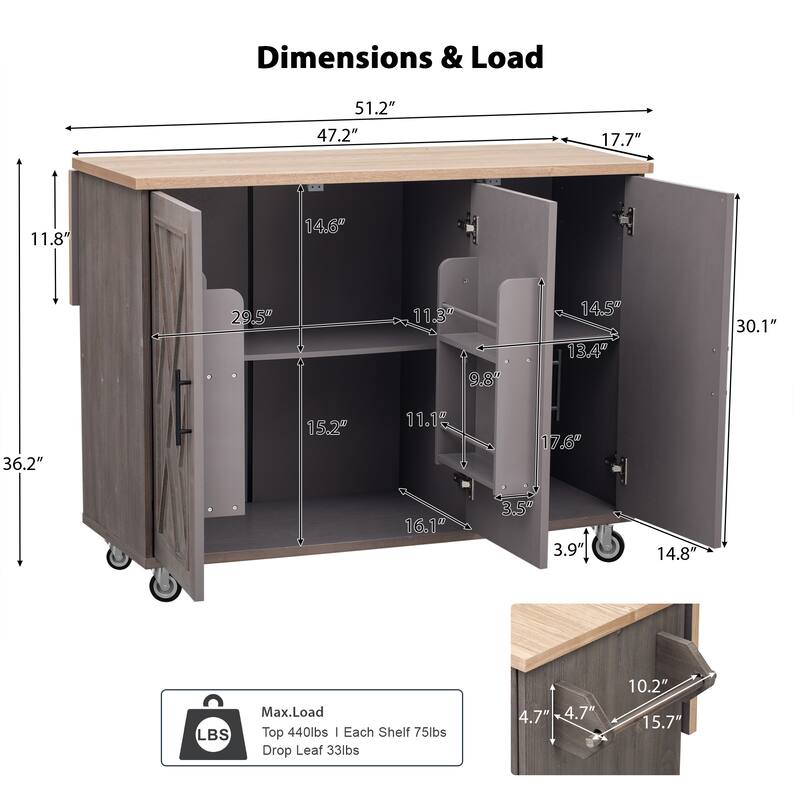 Kitchen Island with Drop Leaf and Towel Rack
