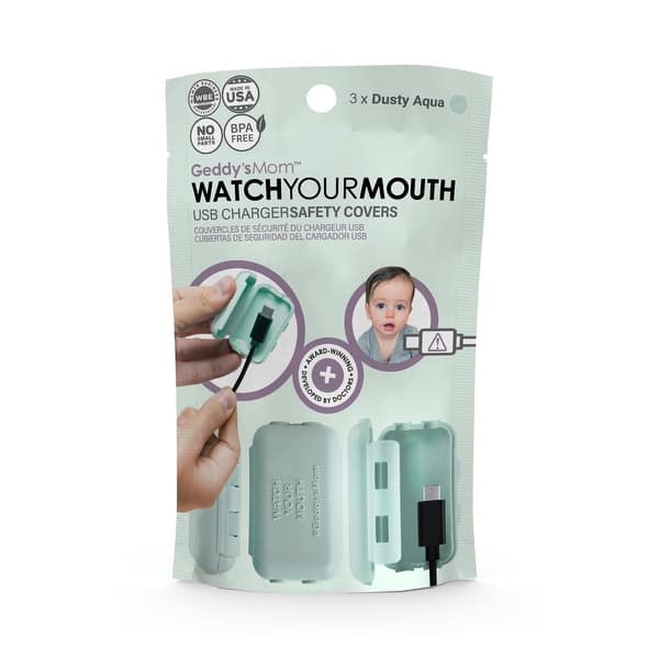 slide 2 of 11, Geddy's Mom - Watch Your Mouth - USB Safety Cover - Dusty Aqua - 3/pk Dusty Aqua