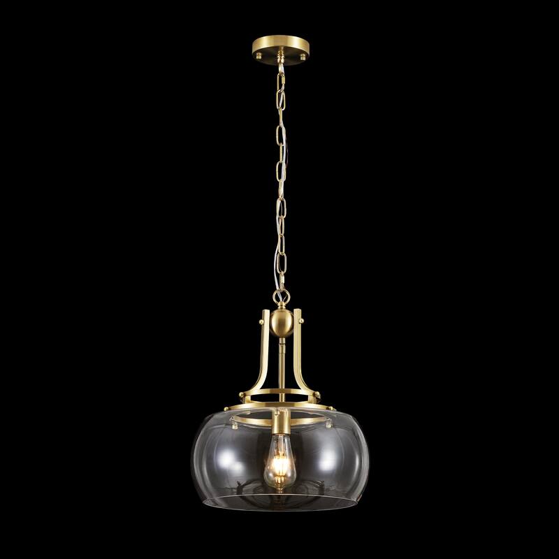 13.8" W Mid-Century Modern Rustic Gold Dome Design Ceiling Pendant with Clear Glass Shade for Dining Room, Kitchen Island, Foyer