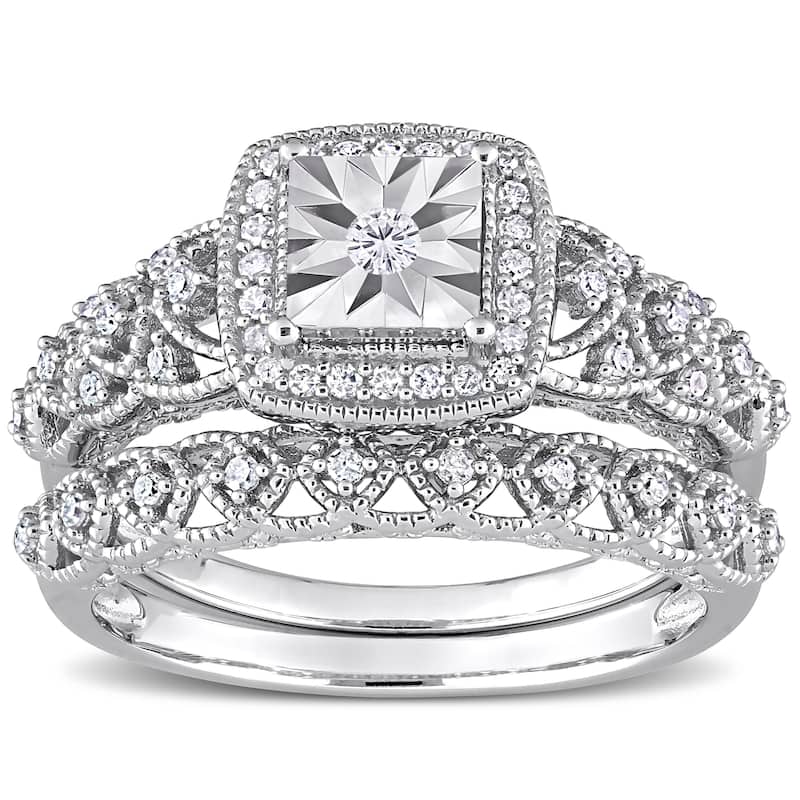 Miadora 1/3ct TDW Diamond Cushion Halo Bridal Ring Set in Sterling Silver