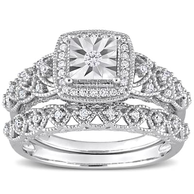 Miadora 1/3ct TDW Diamond Cushion Halo Bridal Ring Set in Sterling Silver