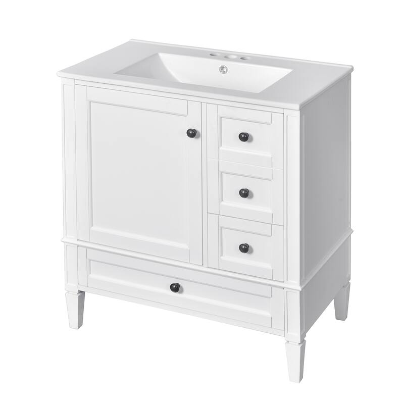 Bathroom Vanity with Ceramic Sink, Bathroom Cabinet with Soft Closing Doors, Vanity Set with 2-Tier Storage Rack and 3 Drawers
