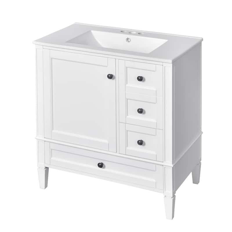 Roomfitters 30" Vanity with Ceramic Sink, Solid Wood Frame Bathroom Cabinet with 3 Drawers, Modern Storage Design
