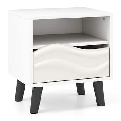 White-Black Engineered Wood Nightstand with 3D Wavy Drawer and Storage