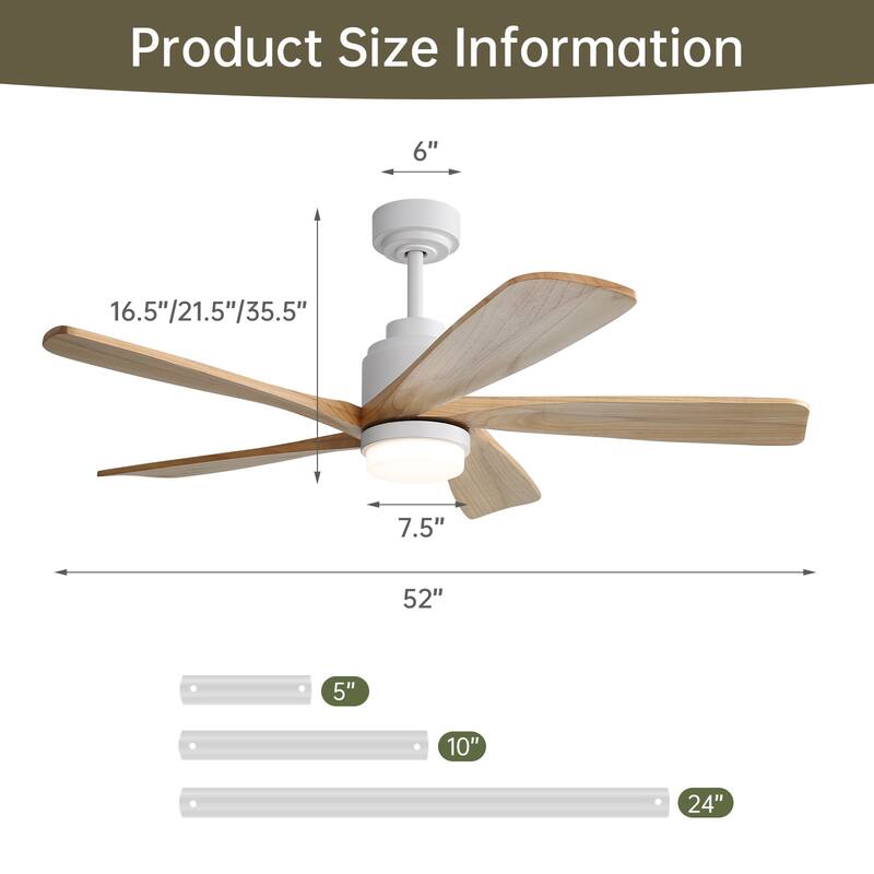 Sofucor 52" Solid Wood Noiseless Ceiling Fans with Dimmable LED Light Optional and Remote, 6-Speed Reversible, Smart Optional