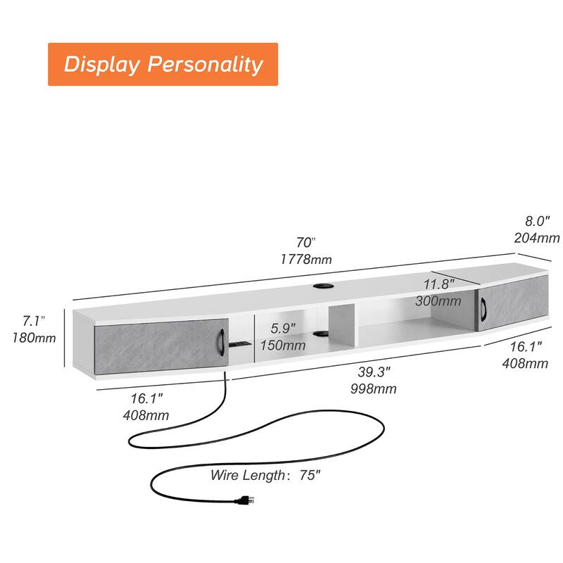 Floating TV Stand with Charging Station and LED Light