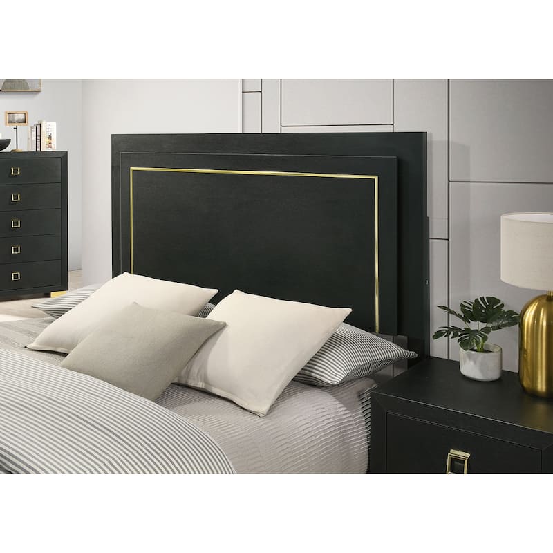 Queen Size Bed with LED Headboard, Black Finish, Gold Trim, Metal Legs