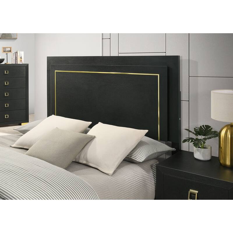 Queen Size Engineered Wood Platform Bed Set with LED Headboard and Gold Accent Legs - 3pc Contemporary Furniture