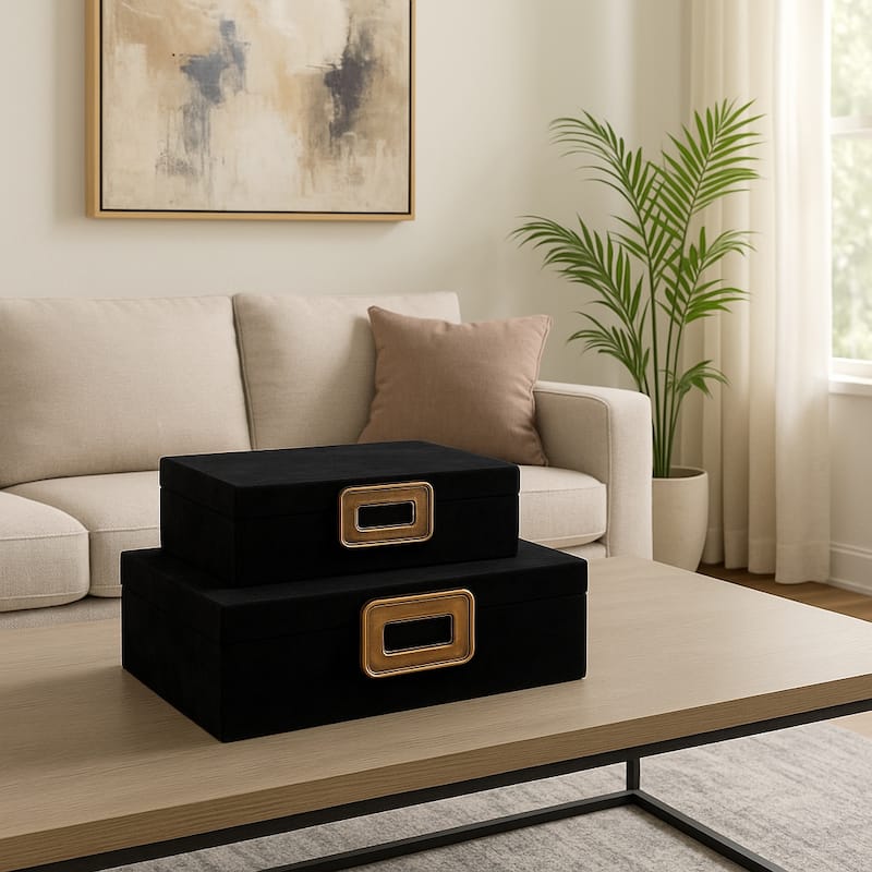 Wood Metal Storage Box Gold Accents (Set of 2) - 4", 5" Black - 14" x 10" x 5"