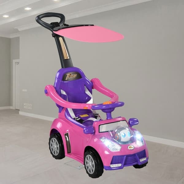 slide 2 of 19, 3-in-1 Push Car for Kids 1-3 Years, Ride on Sliding Car with Removable Handle, Music, Horn, Canopy & Safety Guardrail