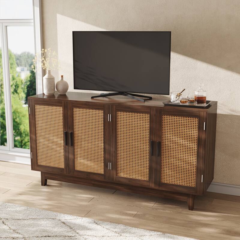 Wood TV Stand for up to 60" TVs with Four Rottan Doors
