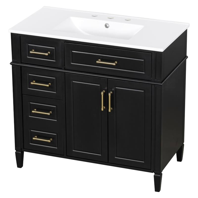36 Inch Single Sink Bathroom Vanity Cabinet with 4 Drawers, Vanity Base & Ceramic Basin Set
